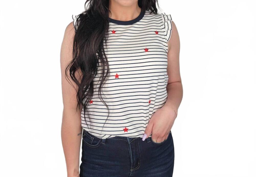 NEW DOE AND RAE katya star embroidered top in navy
